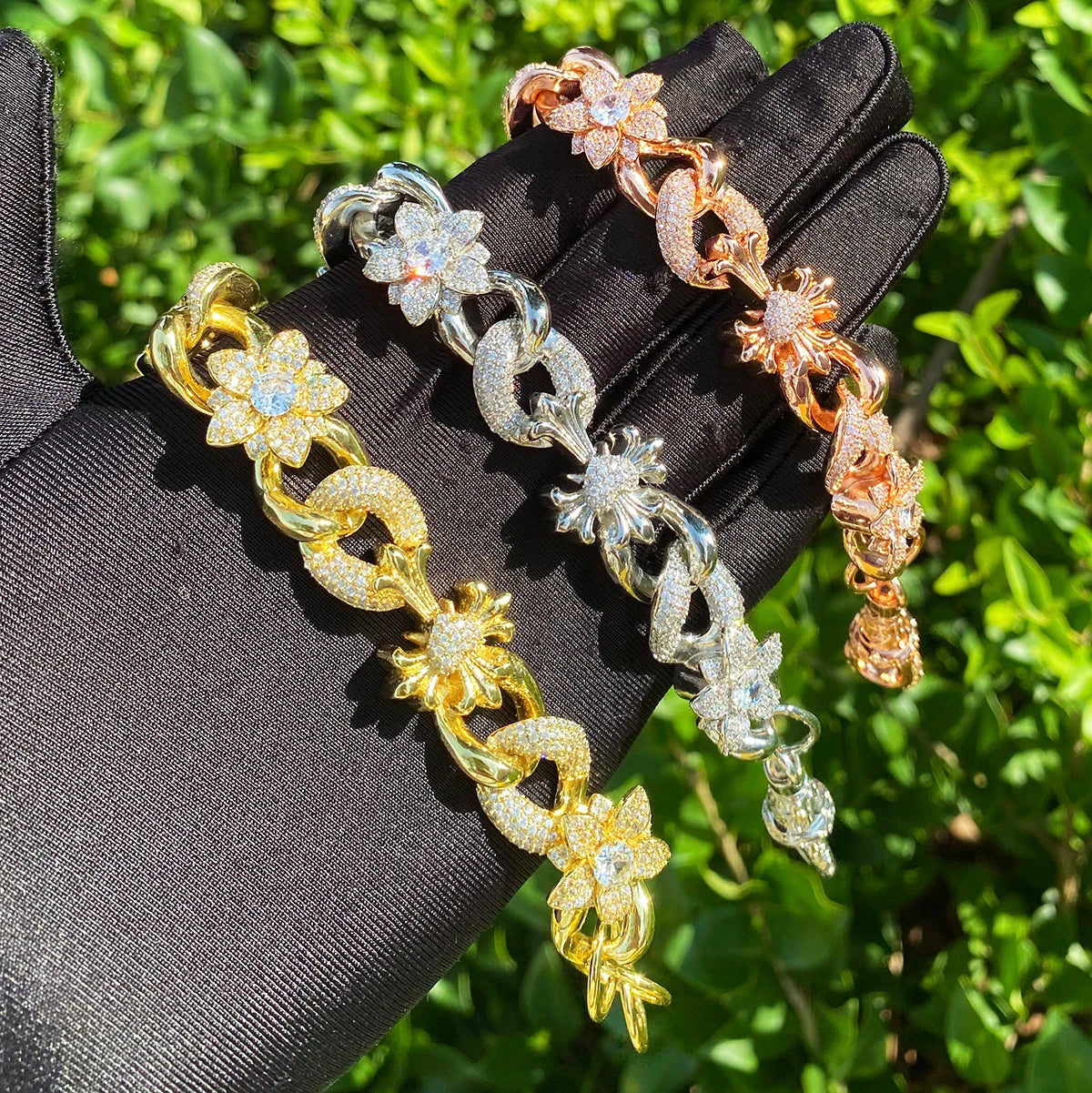 Fleur De Lis Cross | VVS Diamond CZ Flower Cross Hip Hop Cuban Link Bracelet