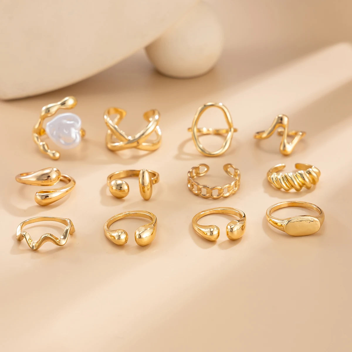 Ladies High Fashion Gold 12 Piece Tear Drop Vintage Ring Set