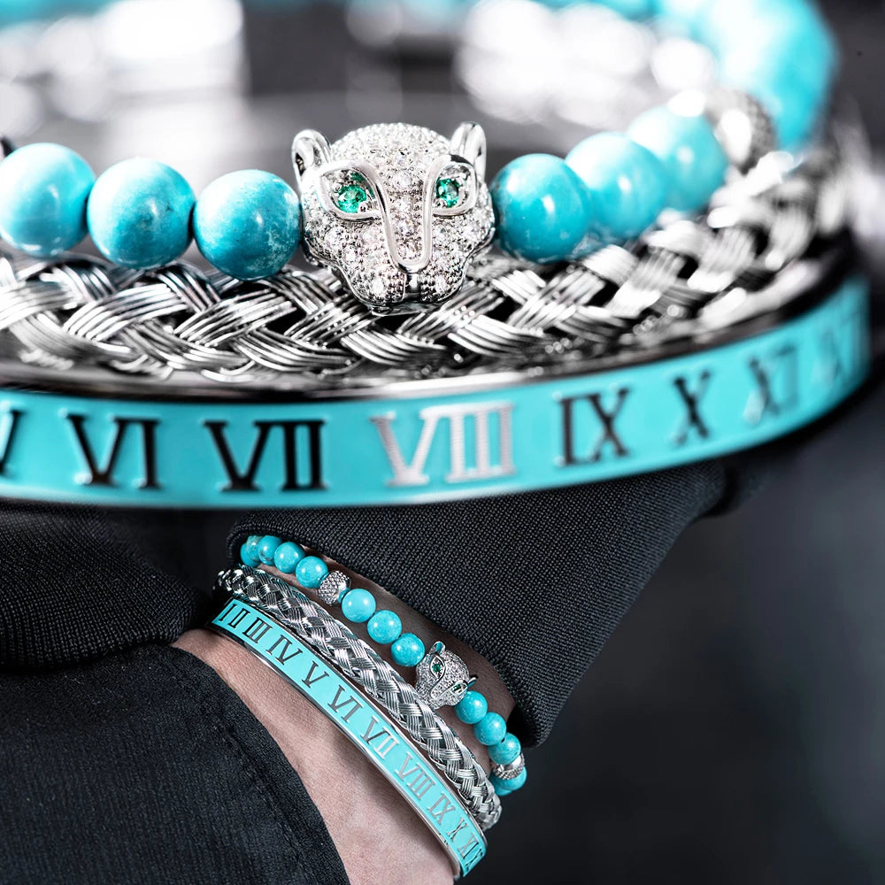 Turquoise Stone | VVS Diamond CZ Roman Numeral Leopard Head Luxury Bracelet