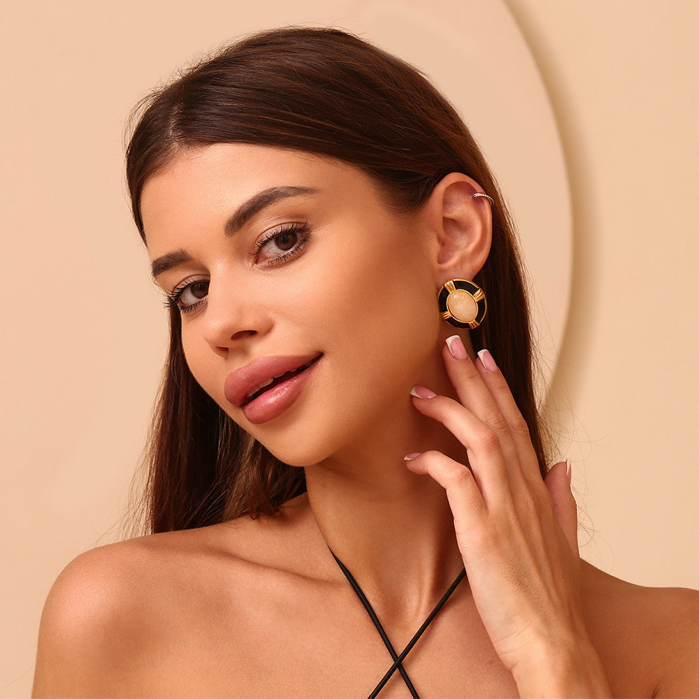 Ladies 18k Gold Waterproof Stainless Steel Oval Cross Natural Stone Earrings