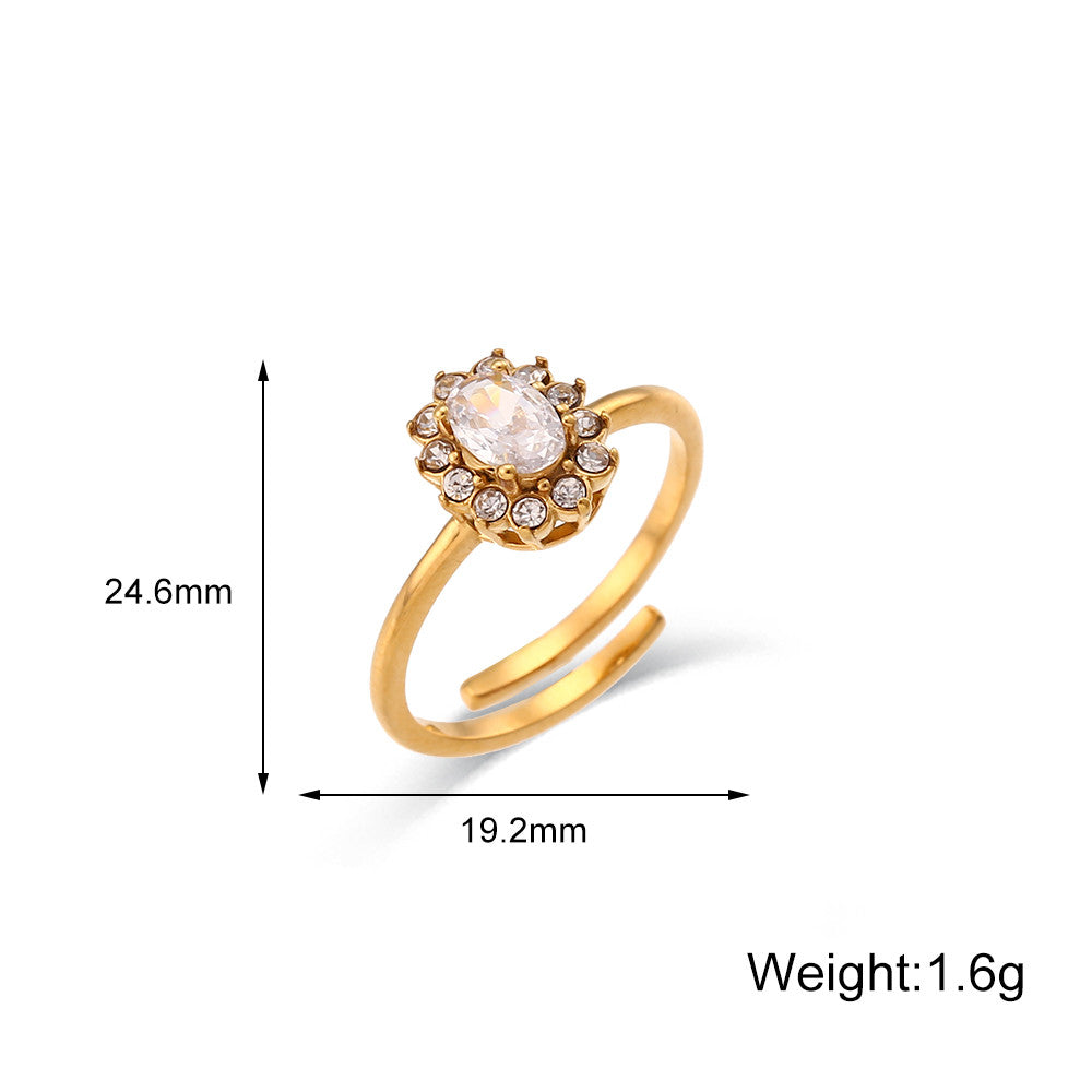 Waterproof 18k Gold Stainless Steel Oval Floral Shape Cubic Zirconia Stone Rings