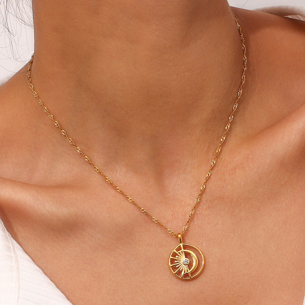 Waterproof Crystal Filled Hollow Crescent Moon Sun 18k Gold Stainless Steel Pendant