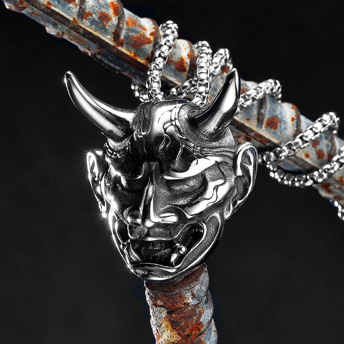 Japanese Prajna Mask | 316L No Fade Stainless Steel Expression of Evil Pendant Chain