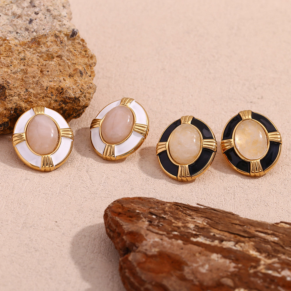 Ladies 18k Gold Waterproof Stainless Steel Oval Cross Natural Stone Earrings