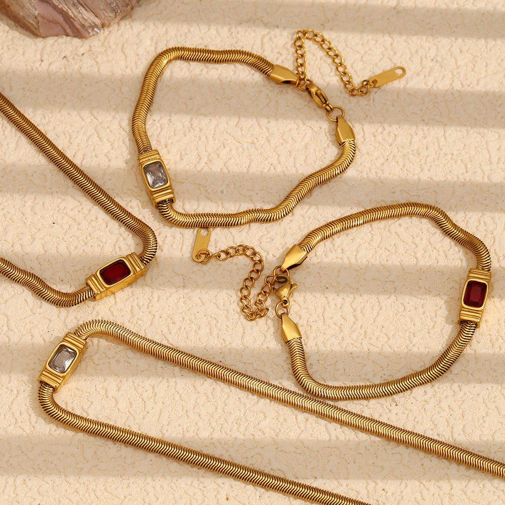 Women's 18k Gold Stainless Steel Waterproof Classic White/Red CZ Necklace Bracelet Set