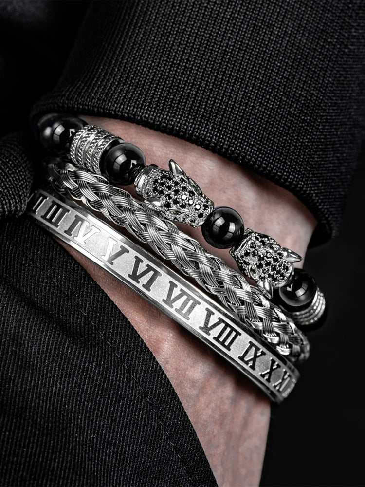 Snow Leopard | VVS Diamond CZ 3 Piece Premium Black Agate Beaded Hip Hop Bracelet Set