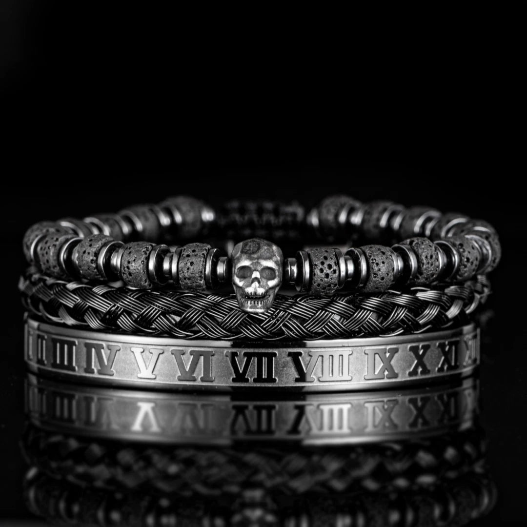 Skull Fire | Luxury 3pcs/set Men's Natural Stone Beads Hip Hop Bracelet Set