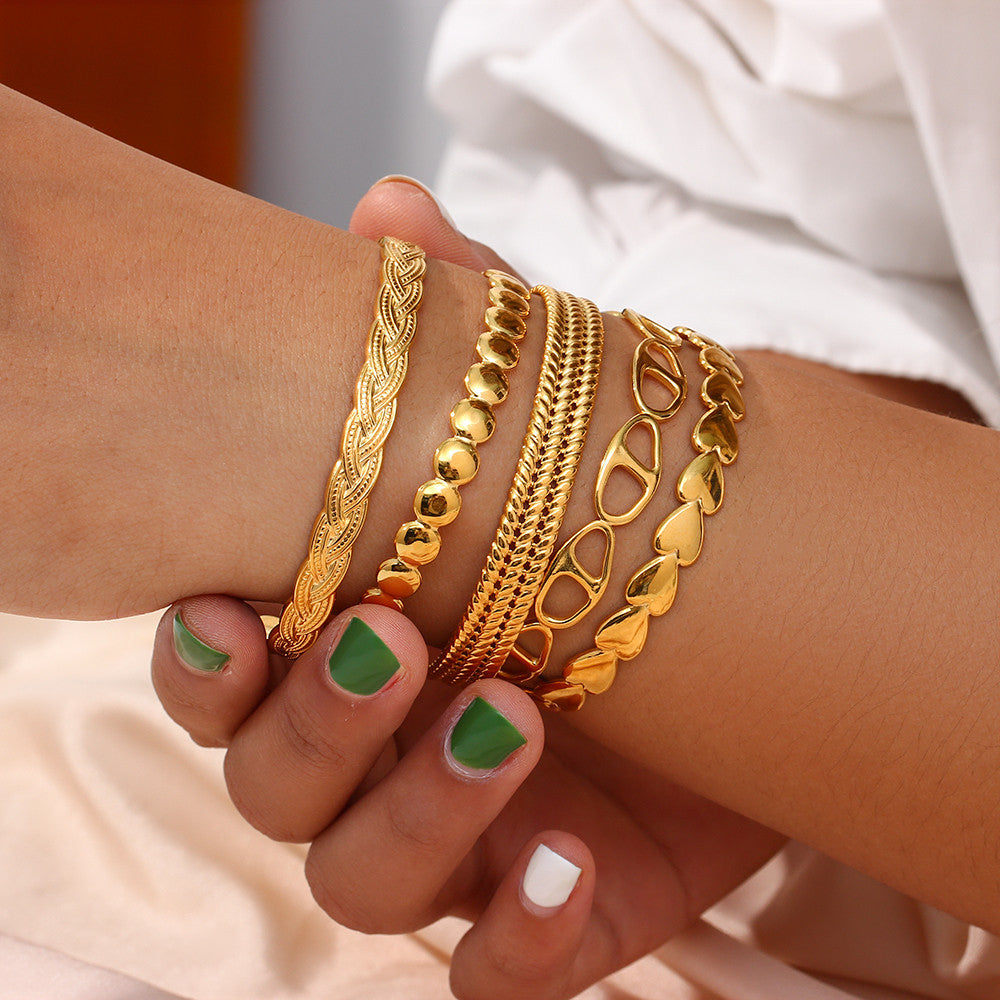 Women's 18k Gold No Tarnish Adjustable Stainless Steel Open Cuff Bangle Bracelets