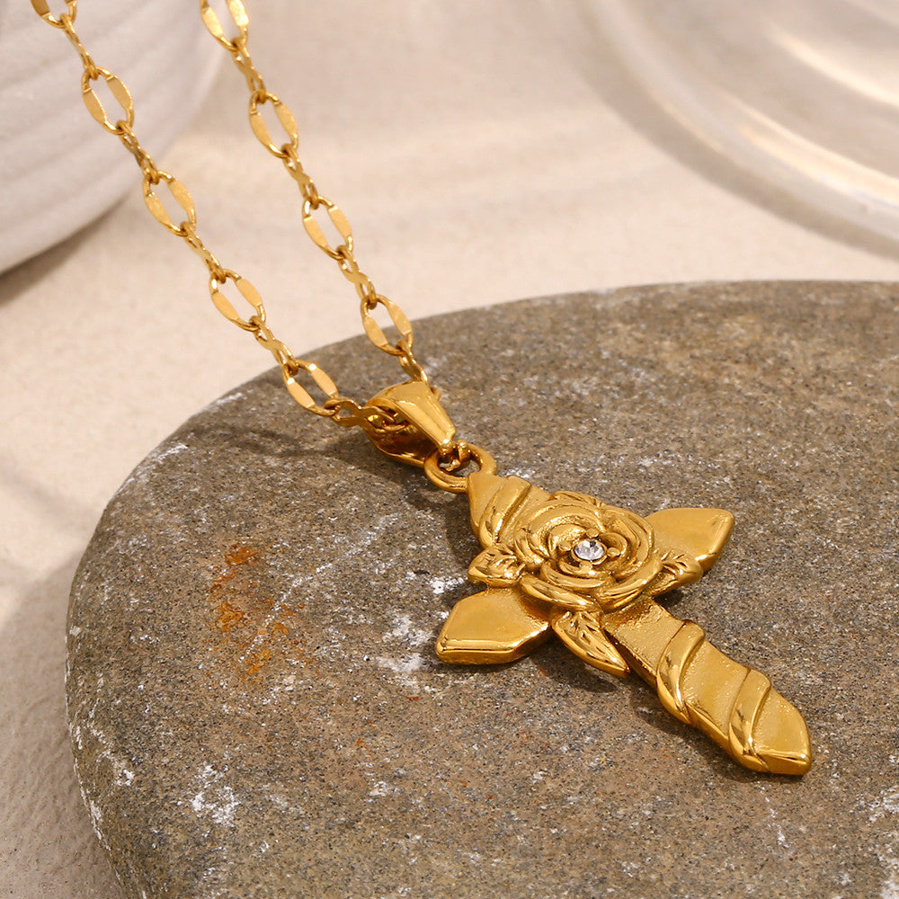 18k Gold Waterproof Rose Flower Bling Stainless Steel Hip Hop Cross Pendant Necklace