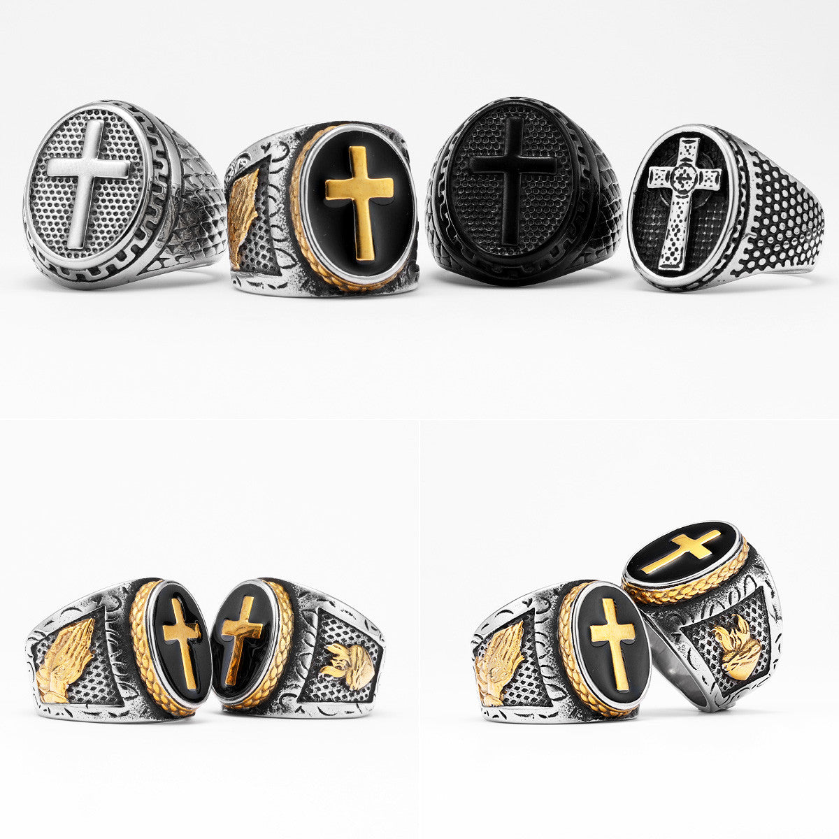Praying Hands | 14k Gold over Solid Stainless Steel Cross Jesus Heart Men's Rings