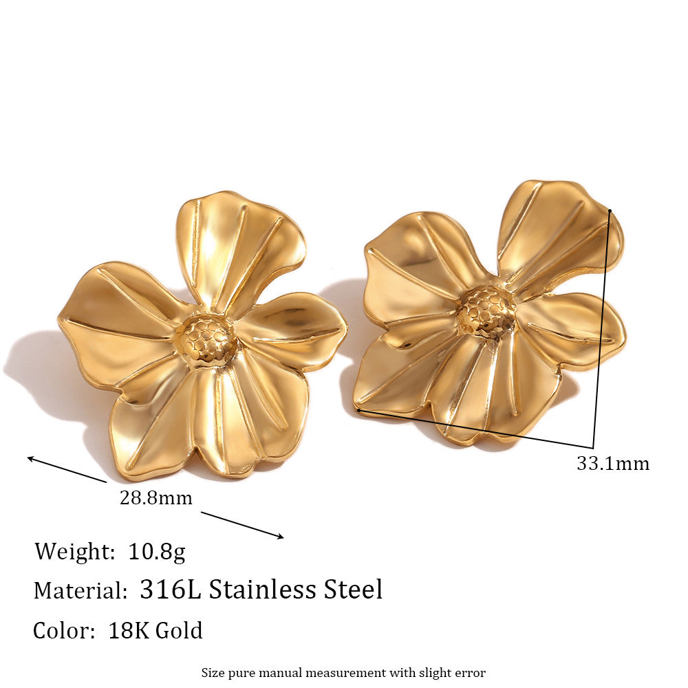 18k Gold No Tarnish Stainless Steel Five Petal Flower Large and Small Earrings