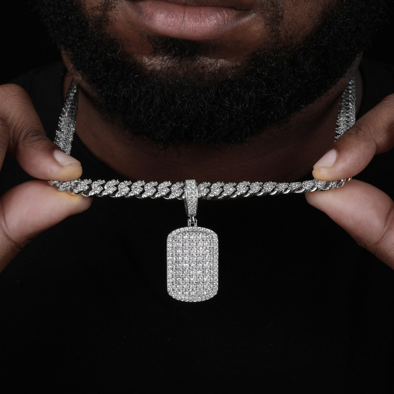 The Grid | Full Iced Blinged Out Princess Cut Solid Silver Moissanite Diamond Dog Tag Pendant