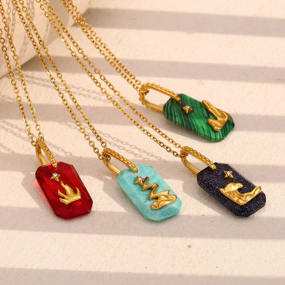 Ladies 18k Gold Stainless Steel Colorful Rectangle Star Lion Pendant No Fade Necklace