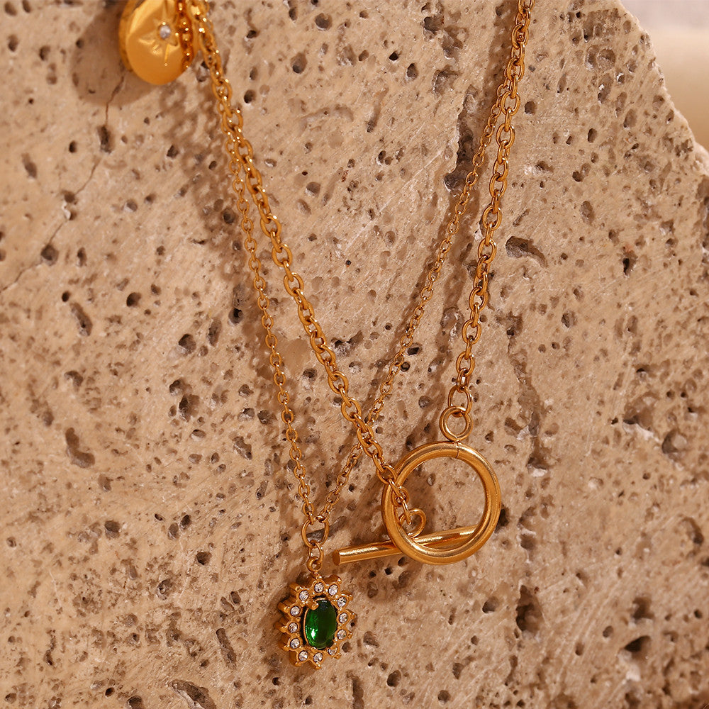 Women's Double Layer Bling CZ Buckle Necklace Water Resistant 18K Gold Pendant