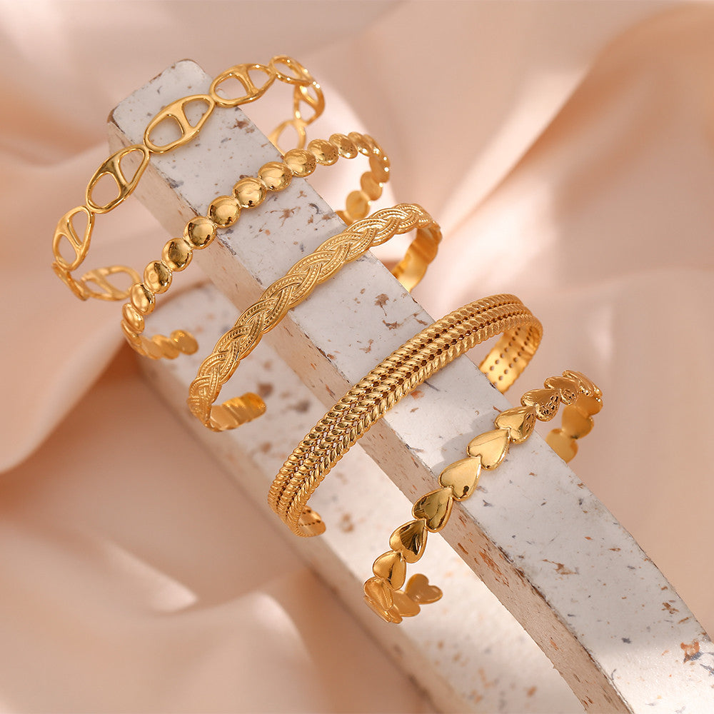Women's 18k Gold No Tarnish Adjustable Stainless Steel Open Cuff Bangle Bracelets