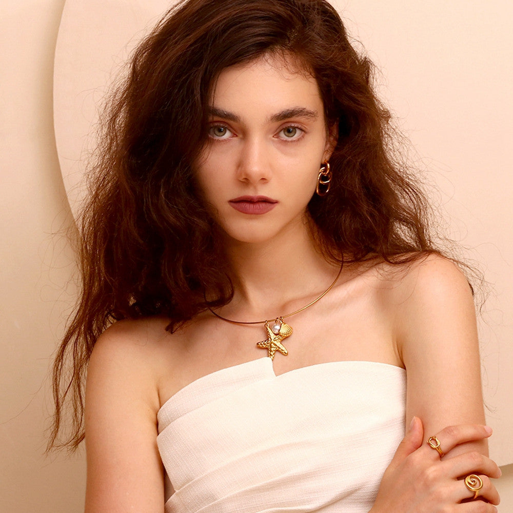 Solid Stainless Steel Starfish Scallop Pearl Waterproof 18k Gold Pendant Chain Necklace