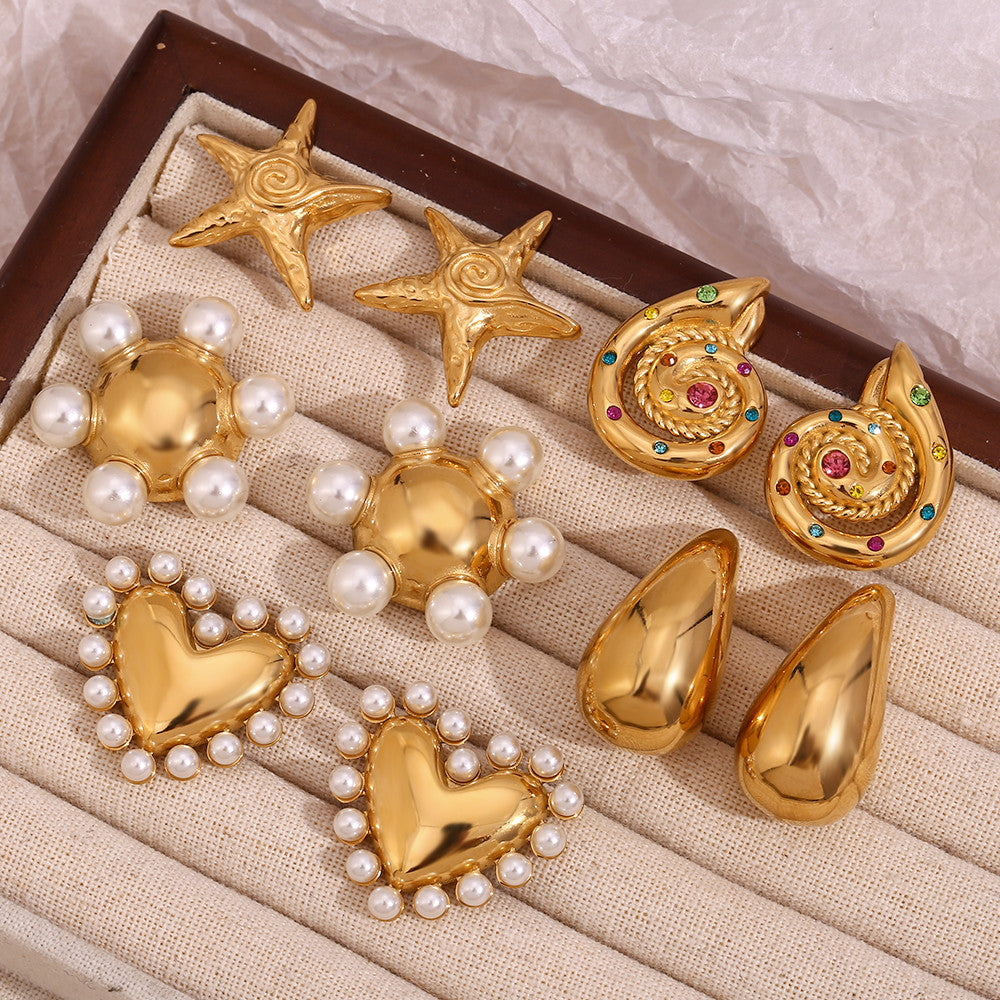 18k Gold Stainless Steel Whirlpool Pentagonal Star Shell Hollow Pearl Earrings