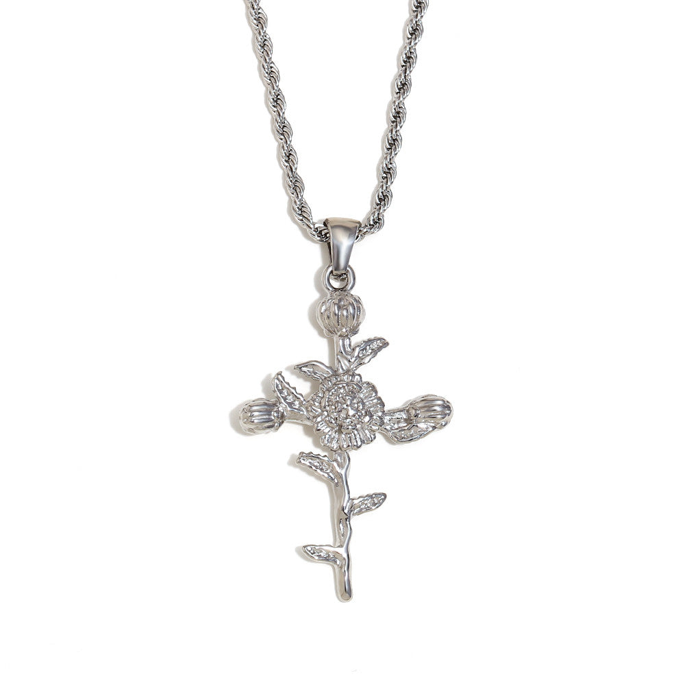 Women's 18k Gold Waterproof Designer Birth Month Flower Cross Tarnish Free Necklace