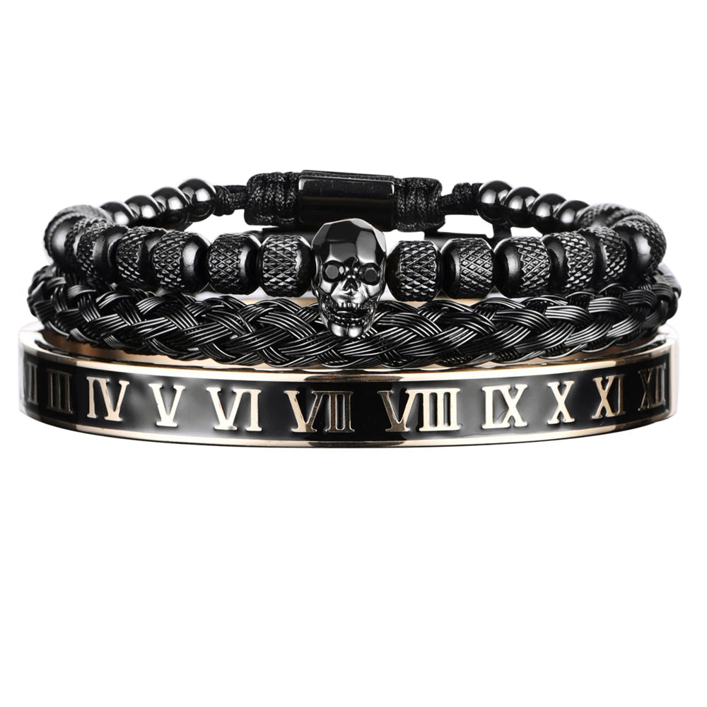 Secret Society | Luxury 3 Piece Stainless Steel Skull Roman Numerals Bracelet Set