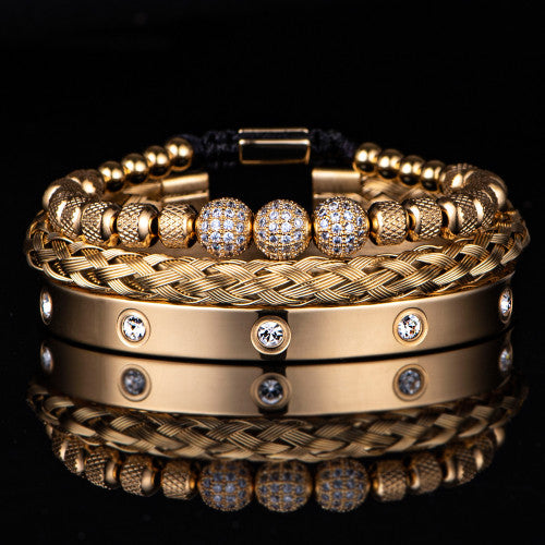 Majestic Heritage Bracelet Set | 3 Bead Micro Pave Stainless Steel Luxury Bracelets