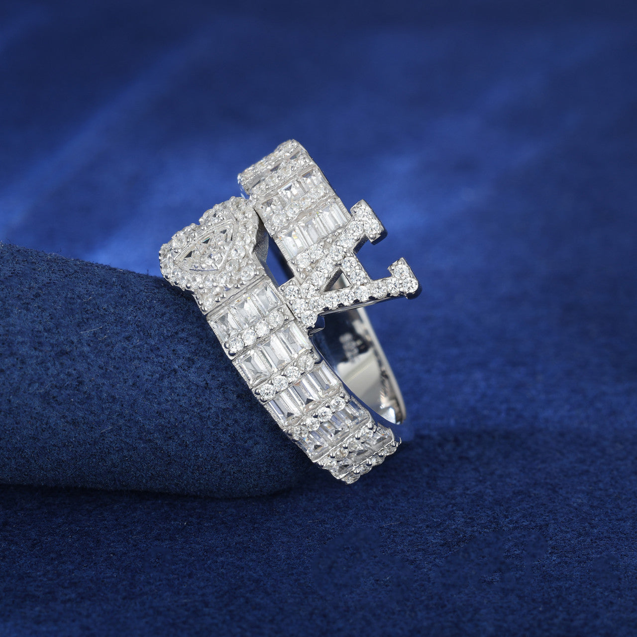 Moissanite Diamond Baguette Custom Initial Letter Heart Sterling Silver Hip Hop Rings