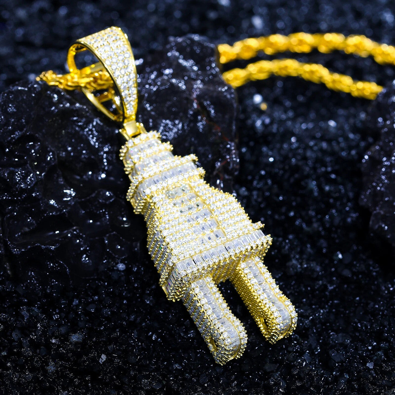 The Plug | Baguette Iced Blinged Out Moissanite Diamond Solid Silver Power Plug Pendant