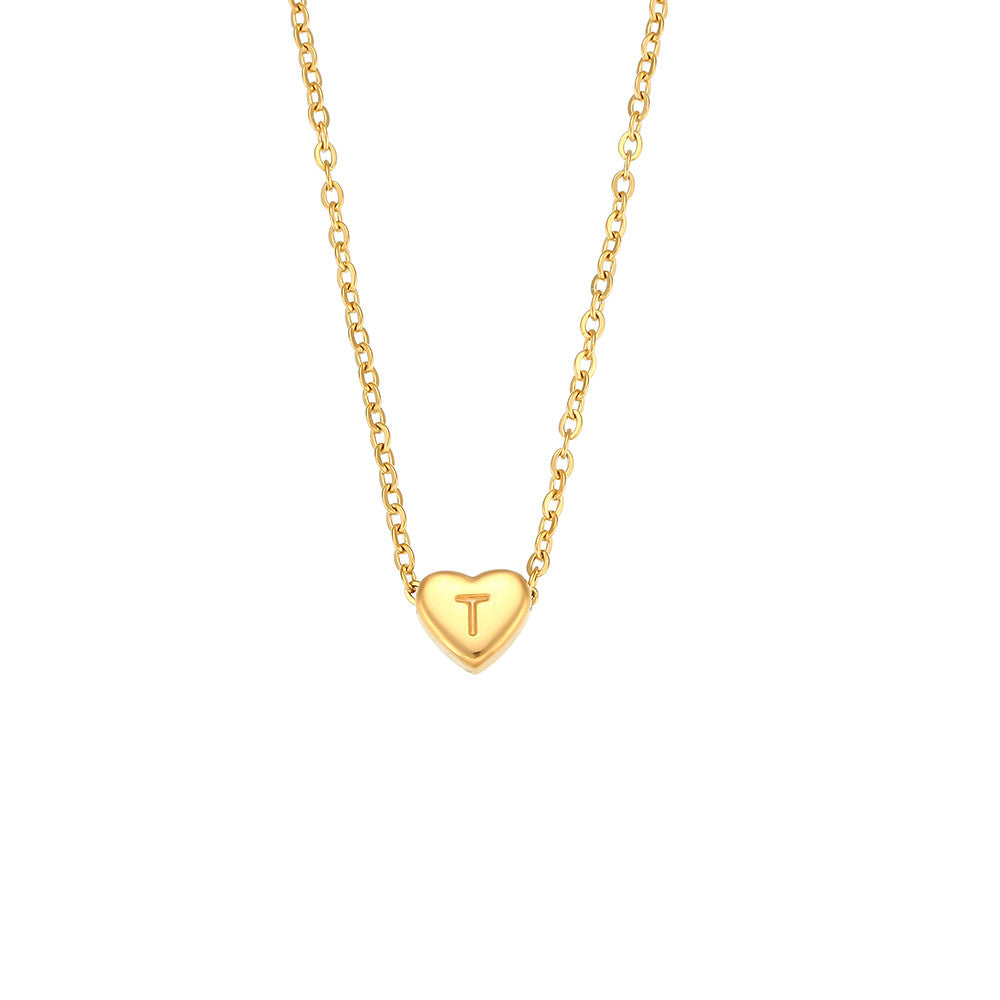 18k Gold Big Love Small Heart Initial Letter Solid Stainless Steel Chain Necklace