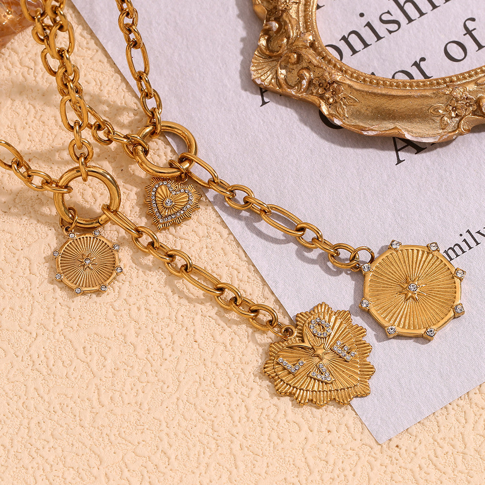 18k Gold Over Solid No Fade Stainless Steel O-Shape Chain Star Heart Eye Tassel Necklace