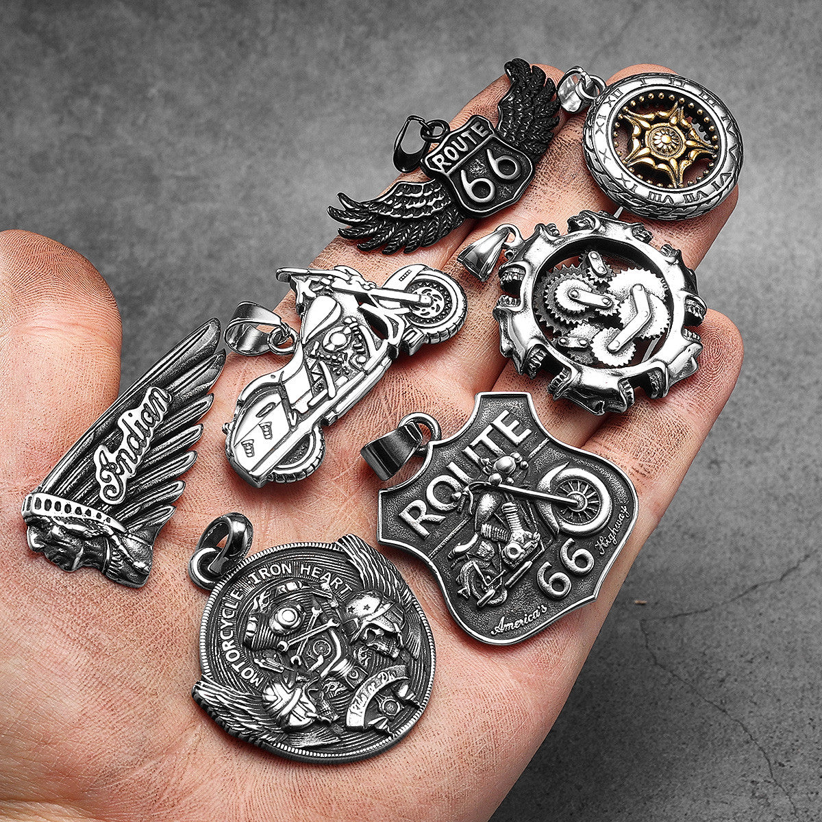 Route 66 | 316L Solid Stainless Steel Motorcycle Rider Americas Highway Street Style Pendant