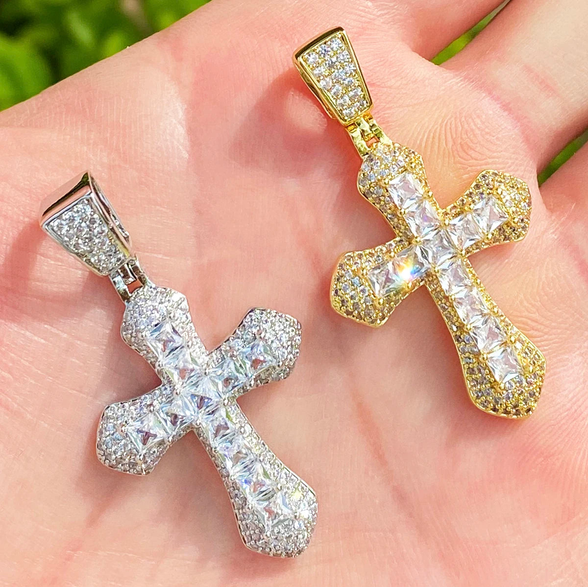 Fossil Cross | Iced Blinged Out Prong Set Princess Cut Stone Hip Hop Cross Pendant