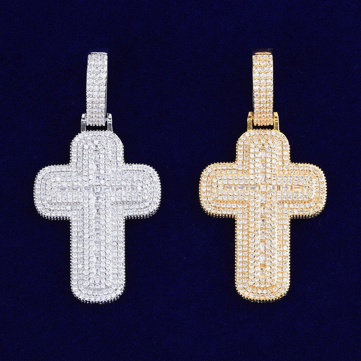 Two Layer Cross | VVS Diamond CZ Stone 24k 925 Silver Rose Gold Iced Baguette Cross Pendant