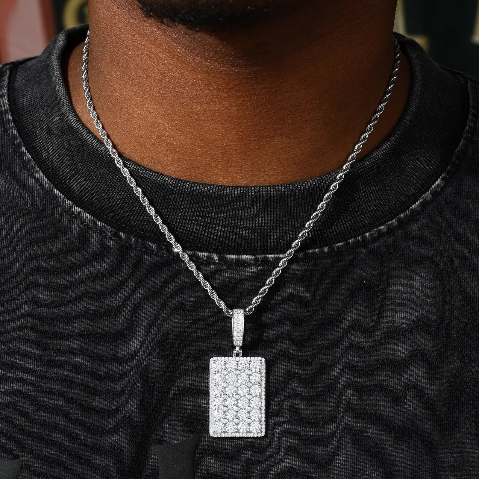 The Spark | VVS Iced Blinged Out Moissanite Diamond Dog Tag 925 Sterling Silver Pendant