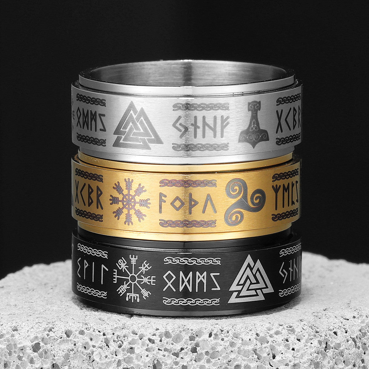 Vintage Nordic Viking | 316L Solid Stainless Steel Odin's Triangle Men's Rings