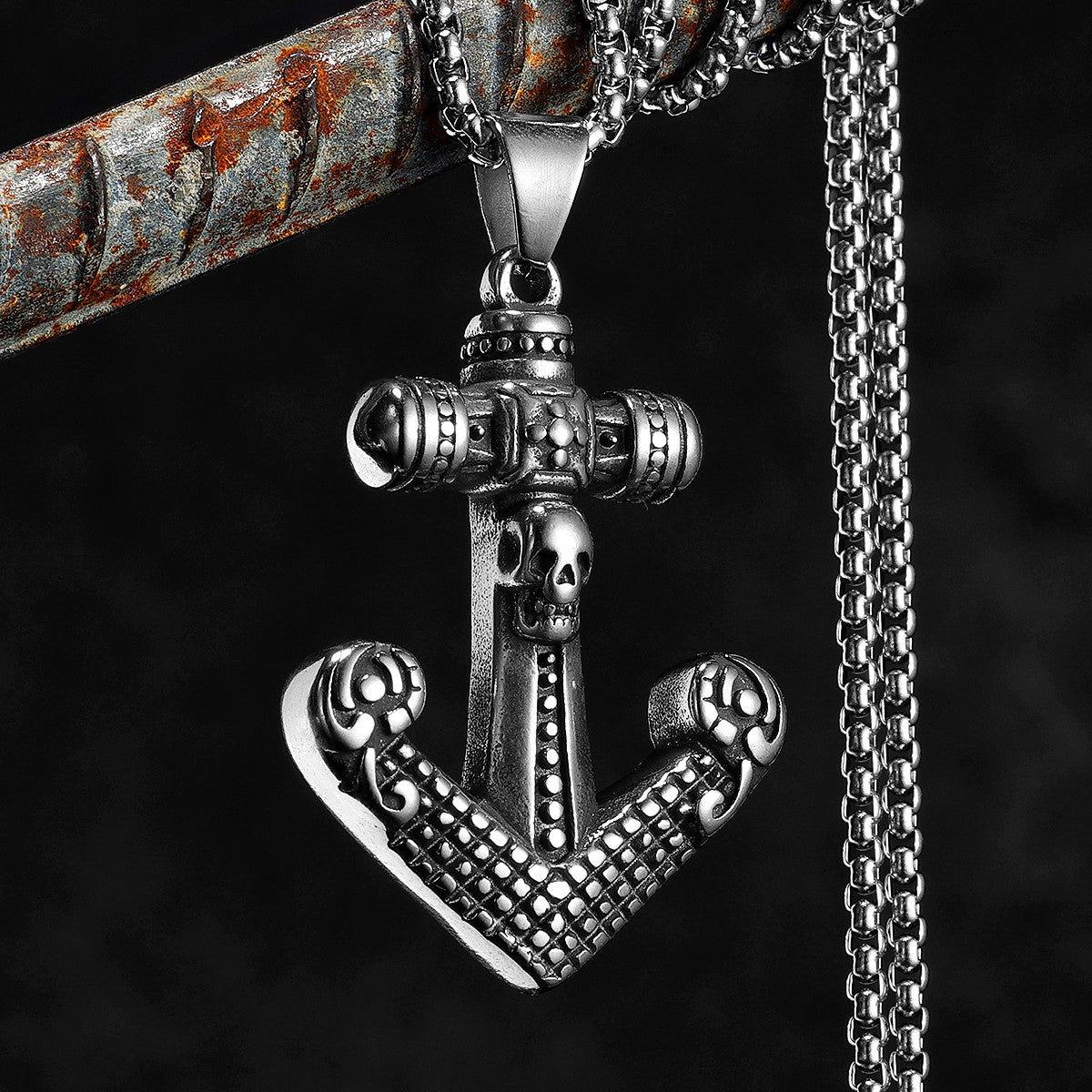 Skull Cross Anchor | 316L Solid Stainless Steel Textured Cross Anchor Hip Hop Pendant