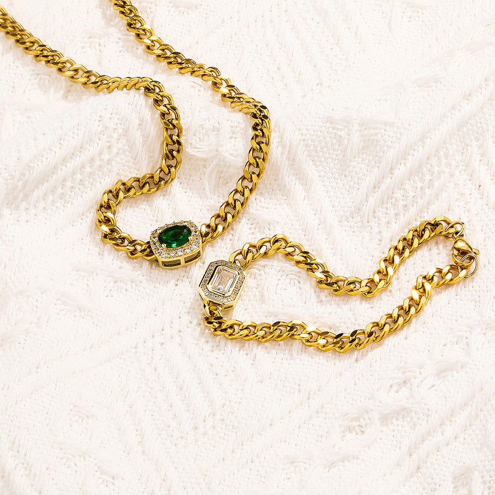 Steel & Stone | 3mm Solid Stainless Steel Cuban Link Gemstone Hip Hop Pendant Bracelet Set