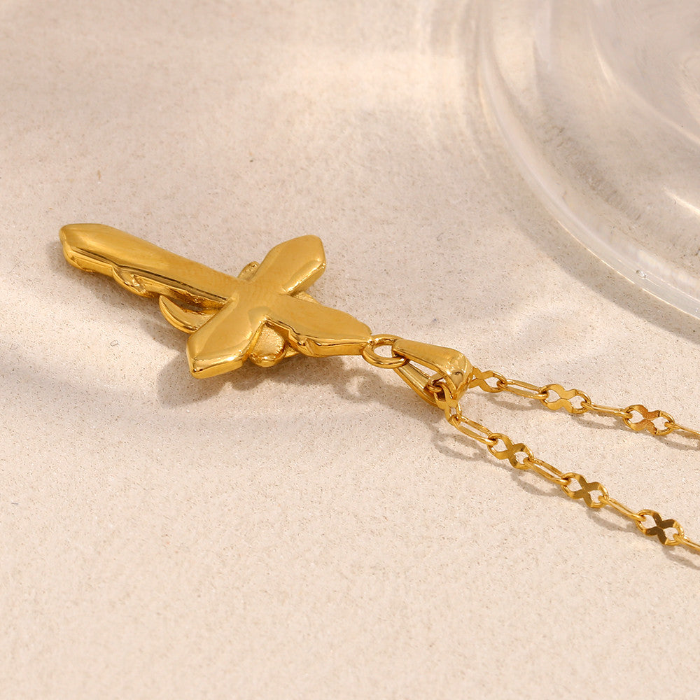 18k Gold Waterproof Rose Flower Bling Stainless Steel Hip Hop Cross Pendant Necklace