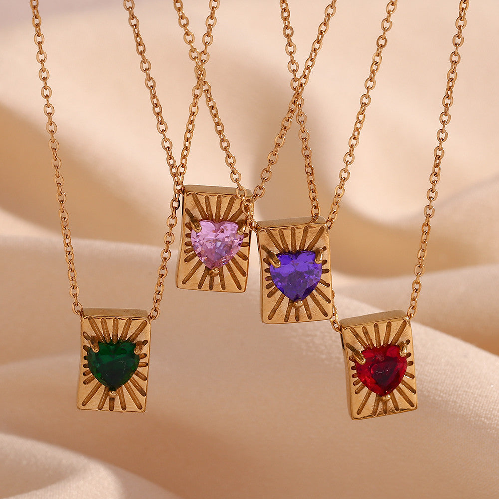 Ladies 18k Gold Waterproof Heart CZ Radiant Rectangular Card Pendant Necklace