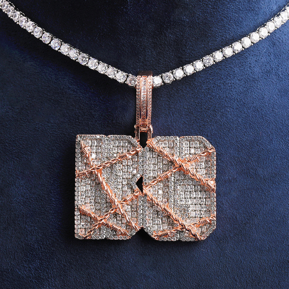 Cant Hold Me | Barbed Wire VVS Diamond CZ Baguette Stone Custom Name Plate Pendant