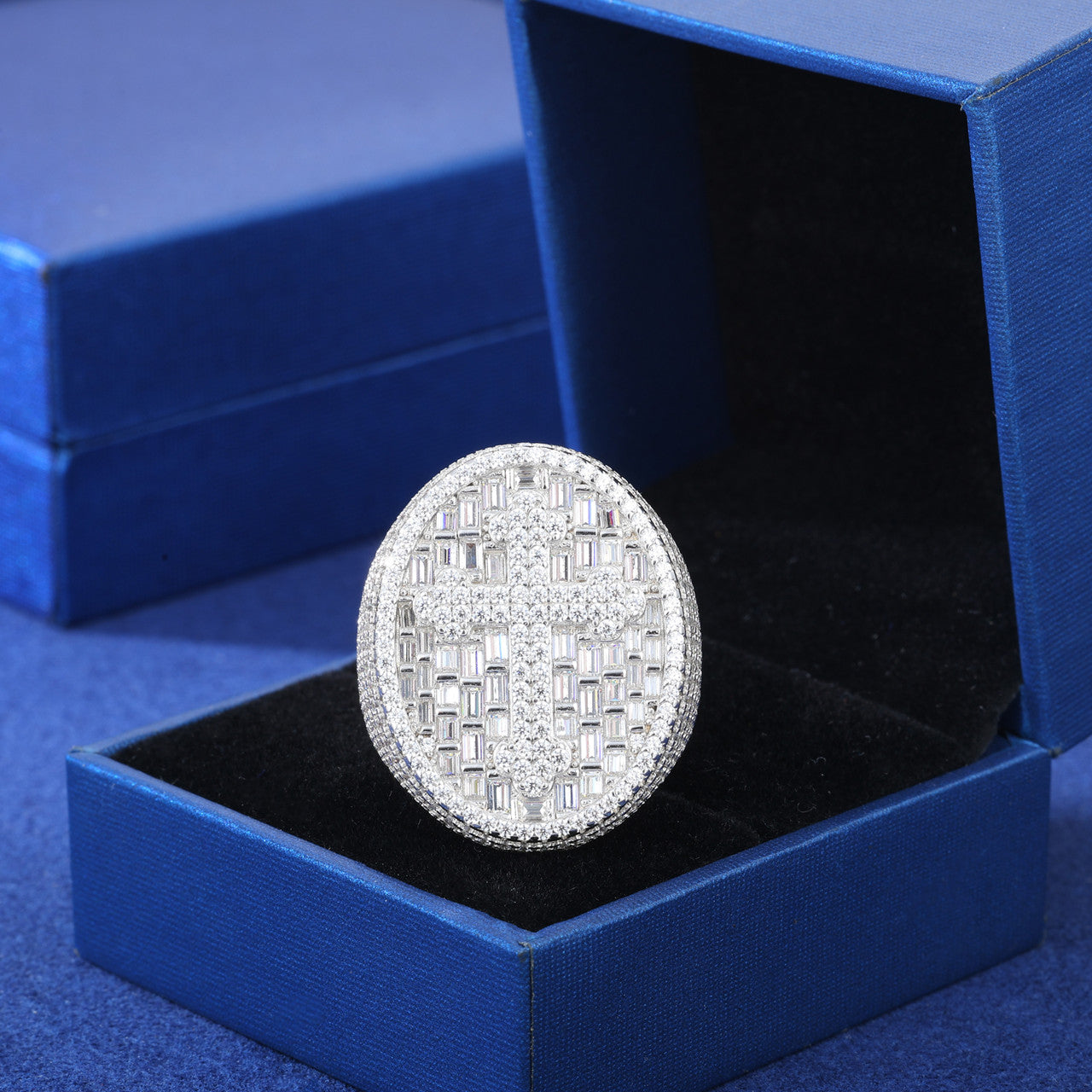 Men's Iced Blinged Out Baguette Sterling Silver Full Moissanite Diamond Cross Ring