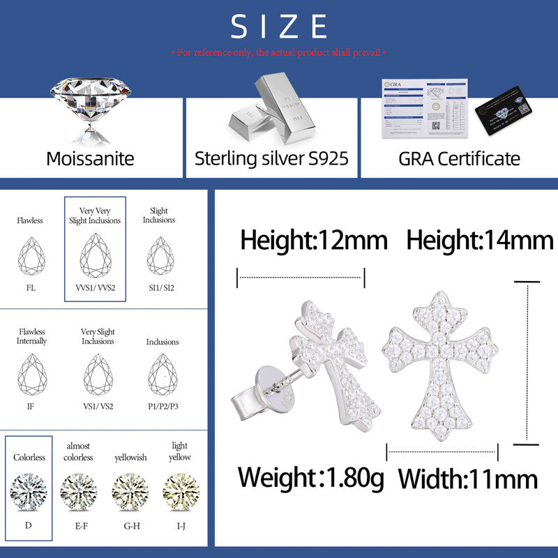 Mens Solid 925 Sterling Silver Moissanite Diamond Arrow Cross Stud Hip Hop Earrings