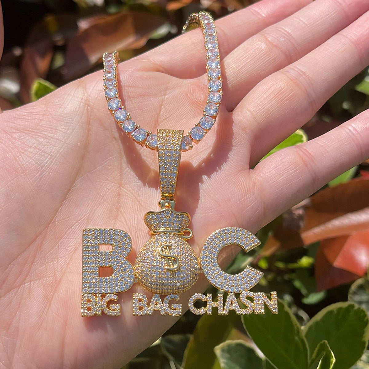 Big Bag Chasin | Iced Money Bag Blinged Out VVS Diamond CZ Hip Hop Pendant