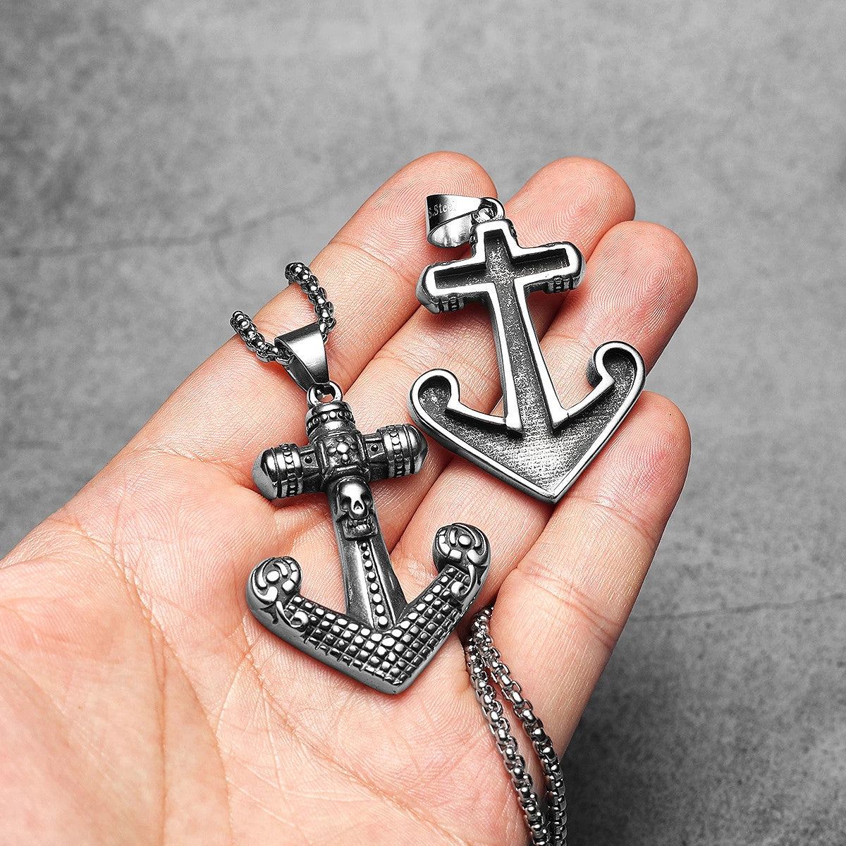 Skull Cross Anchor | 316L Solid Stainless Steel Textured Cross Anchor Hip Hop Pendant