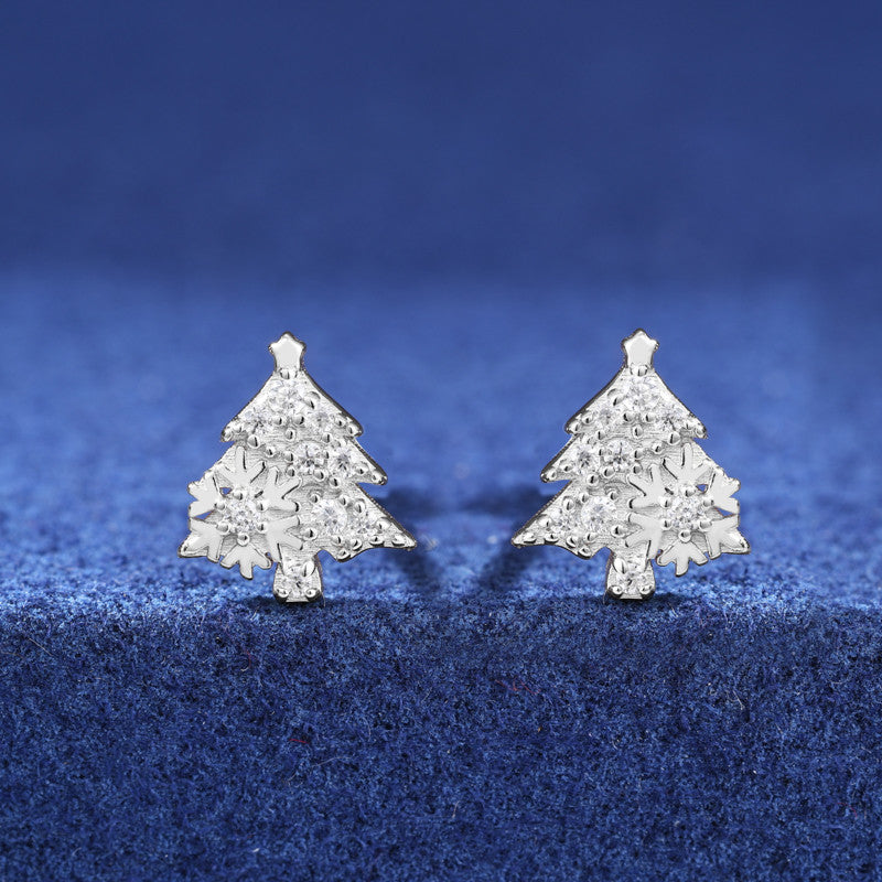 Christmas Tree Snow Flake Festive Holiday Moissanite Diamond Sterling Silver Party Stud Earrings