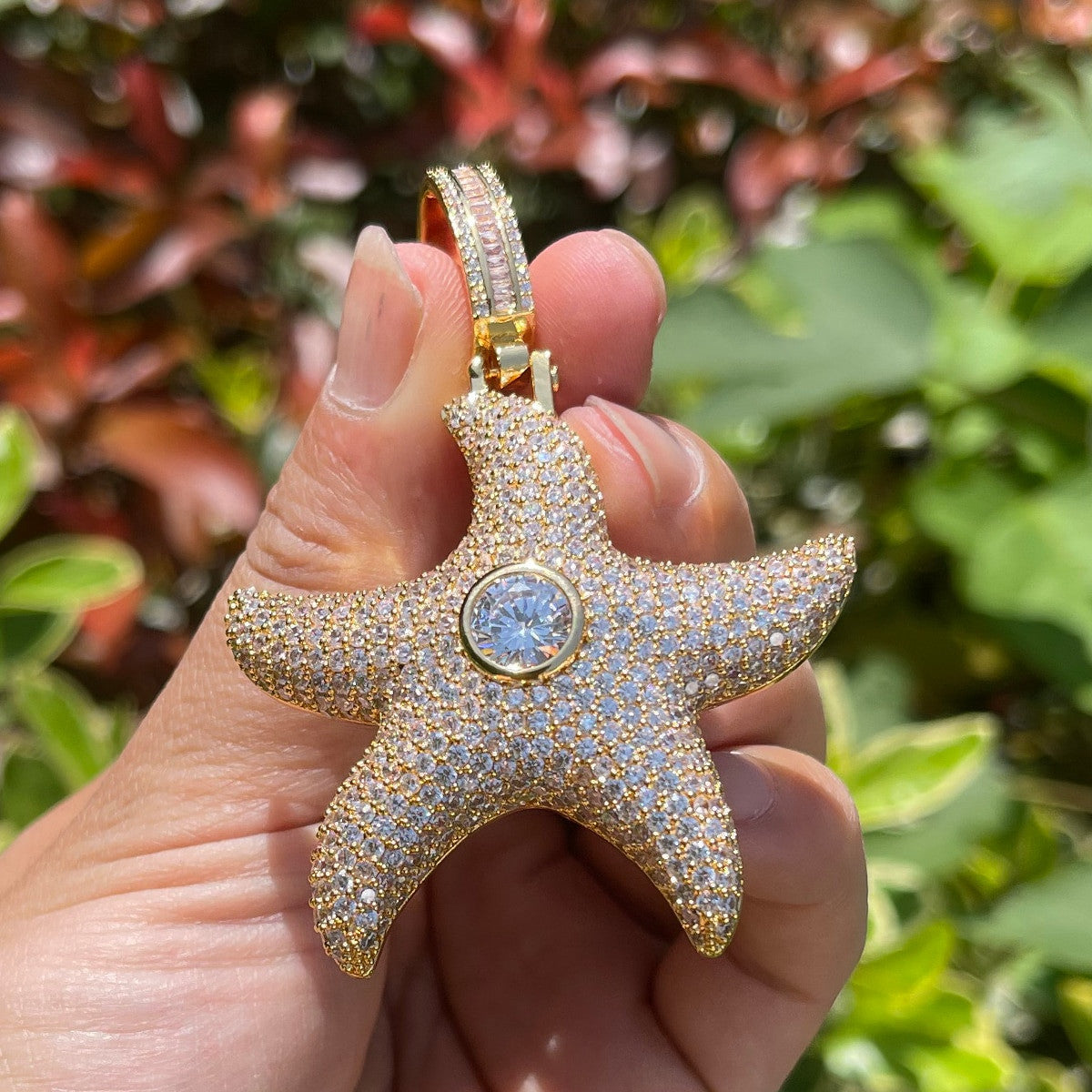 Center Stone Superstar Starfish Flooded Ice Streetwear Hip Hop Pendant Chain Necklaces
