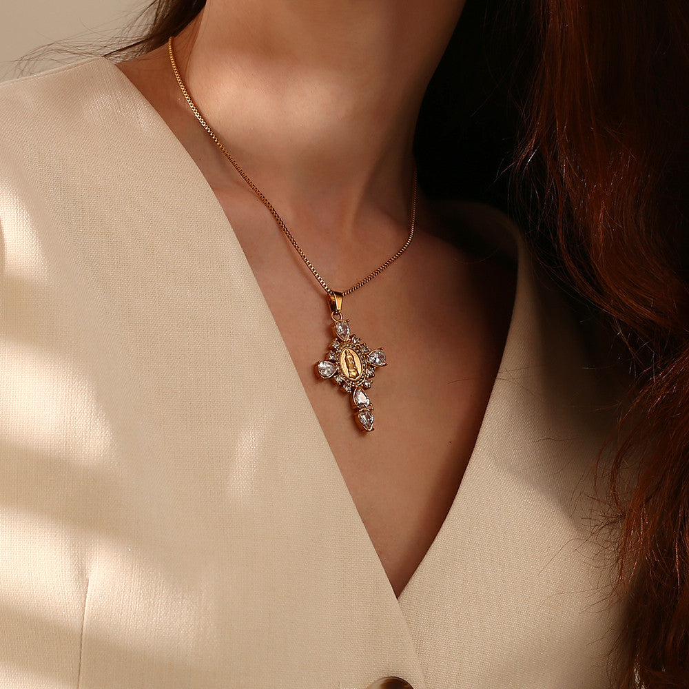 18k Gold Solid Stainless Steel Waterproof Virgin Mary Cross Pendant Necklace