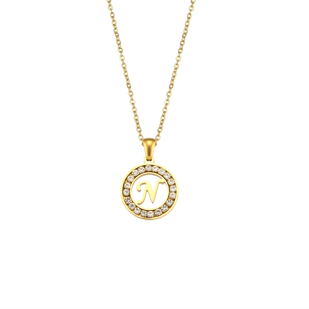 18k Gold Waterproof Hollow Round CZ Paved 26 Alphabet Initial Necklace