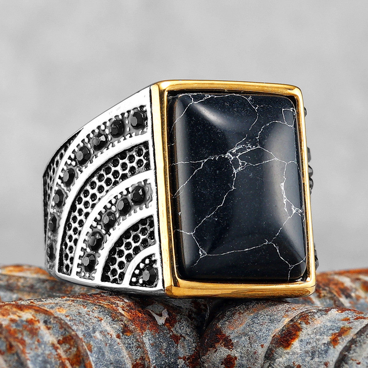 The Blackstone | 316L No Fade Stainless Steel Simple Gemstone Hip Hop Ring