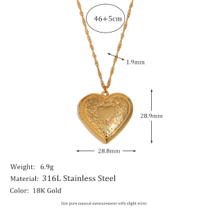 Ladies 18k Gold Waterproof Stainless Steel Flower Pattern Hollow Heart Photo Box Necklace