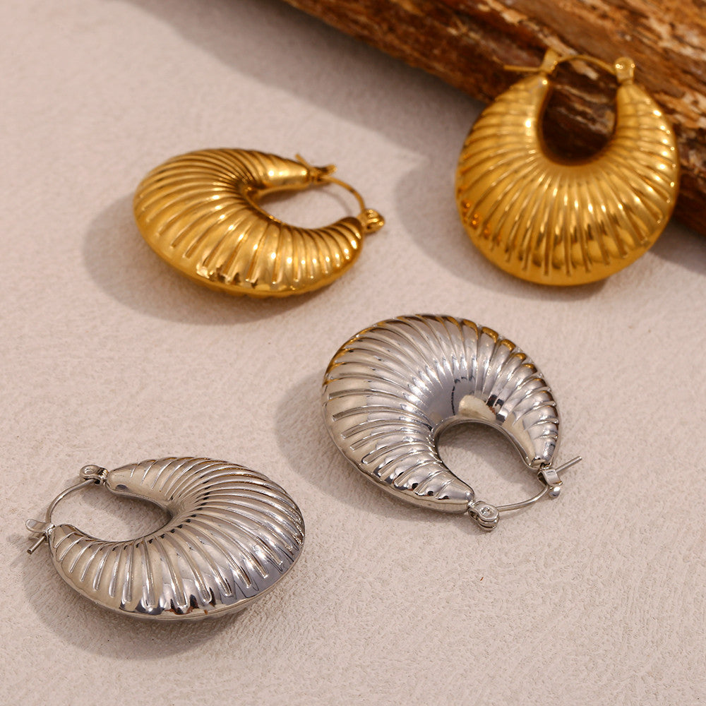 18k Gold Solid Stainless Steel Sheep Horn Striped Hoop Waterproof Earrings