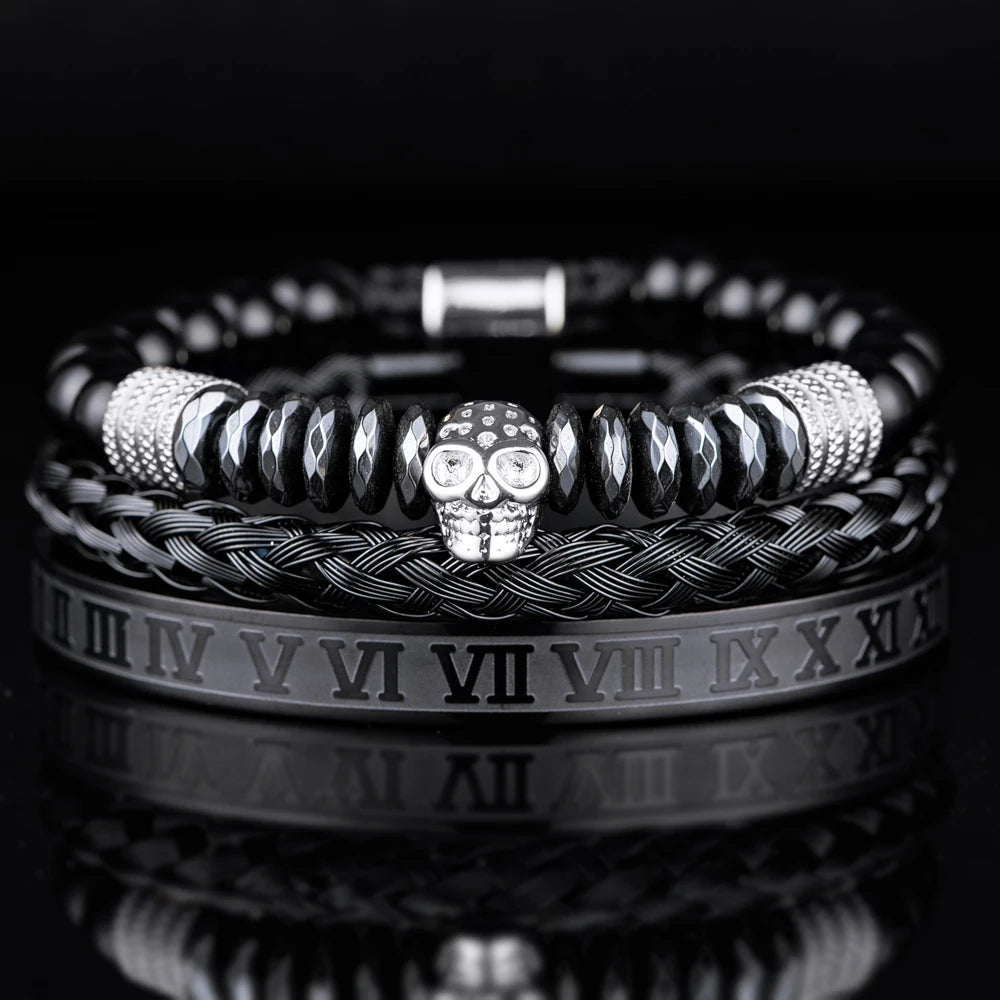 Men's Luxury Hematite Hand Made Bead 3 Piece Skull Head Hip Hop Luxury Bracelet Sets